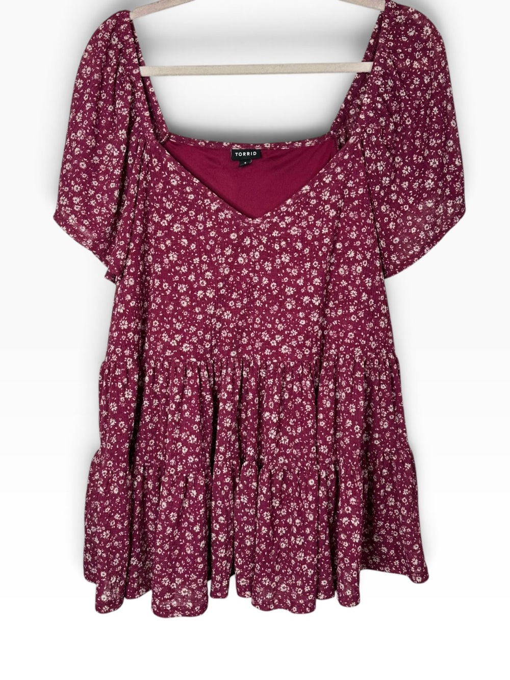 Torrid Barb Ditsy Floral Flutter Sleeve Babydoll Tiered Top Red Plum Size 1 1X